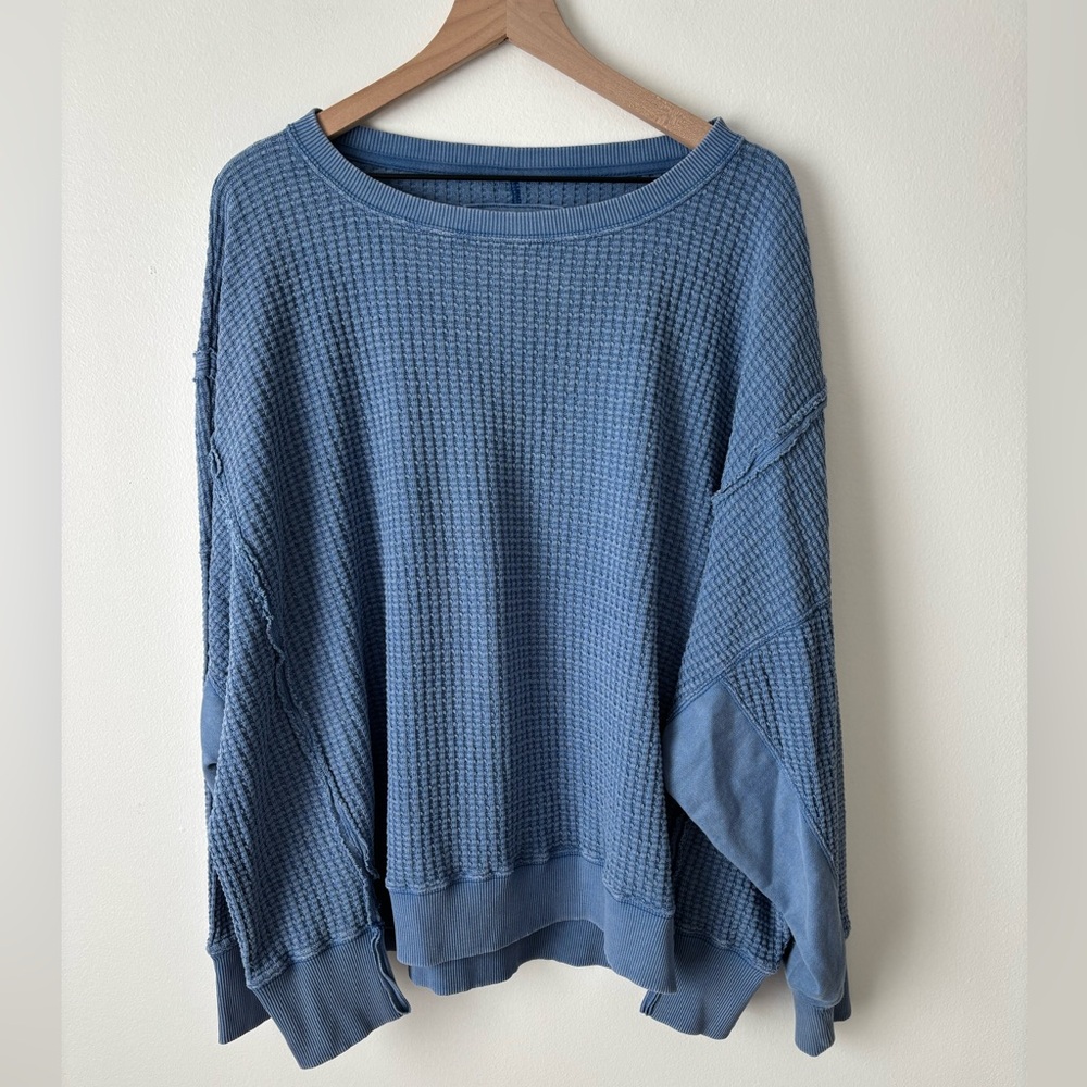 American Eagle Outfitters Blue Waffle-Knit Scoop Neck Sweater